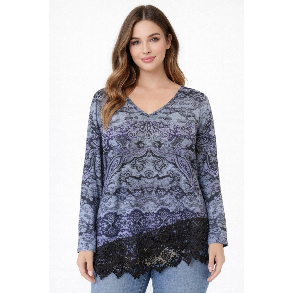 Energe Lace Hem Paisley Top Womens Large‎ Purple Black Boho Long Sleeve